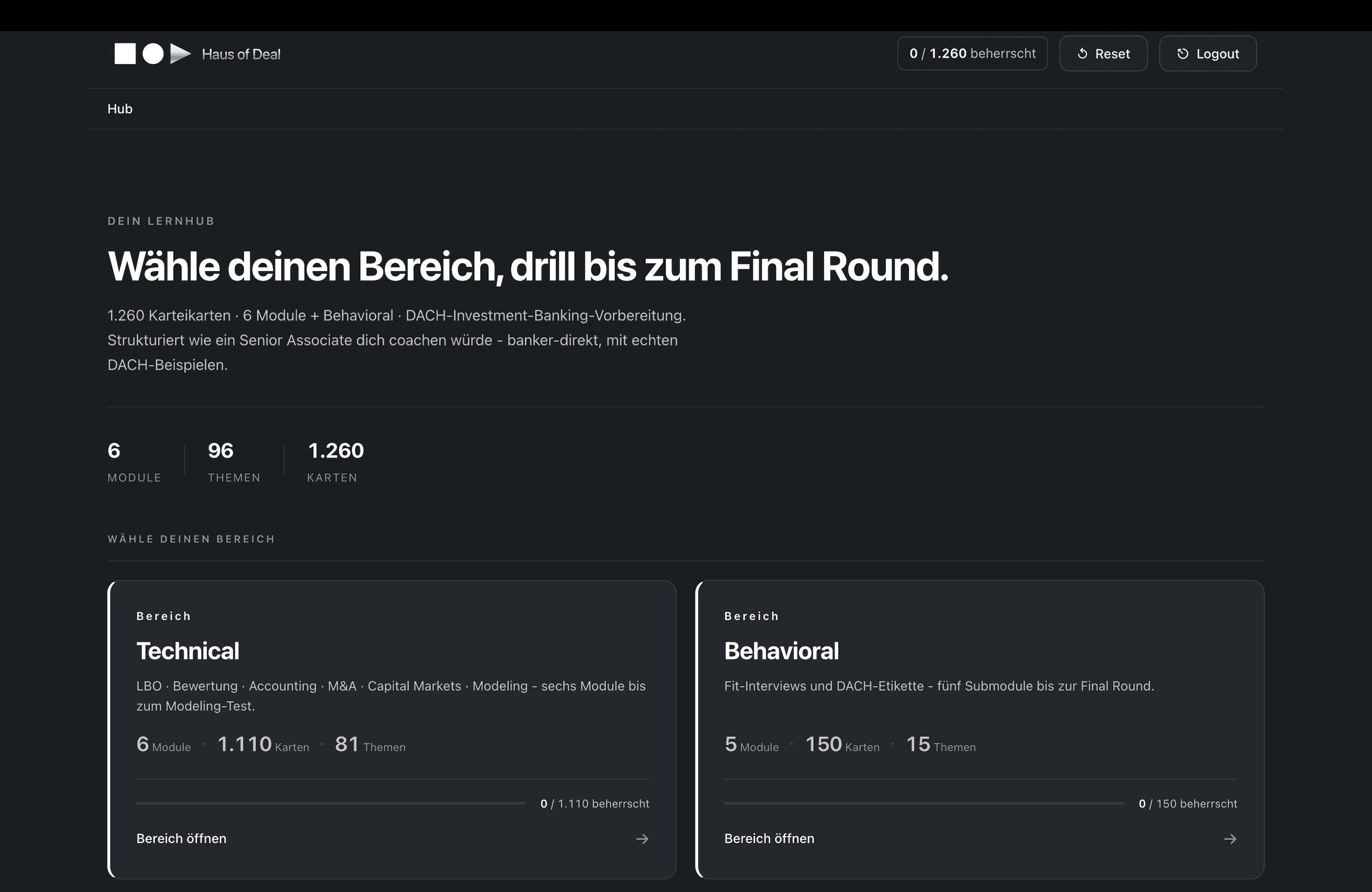 Haus of Deal Lernhub mit technischen und Behavioral-Interviewmodulen